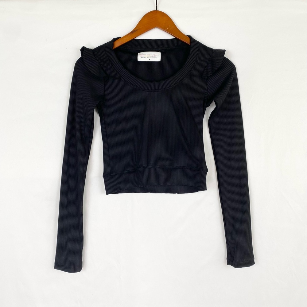 Undercover Hippie Wander Ruffle Black Ribbed Crop Top Stretch Long Sleeve Casual